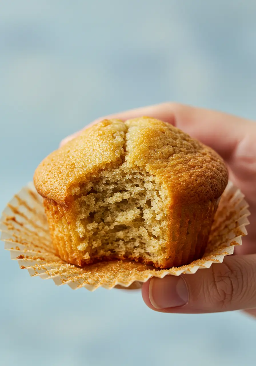 A hand holding one banana bread muffin with a bite taken out of it.