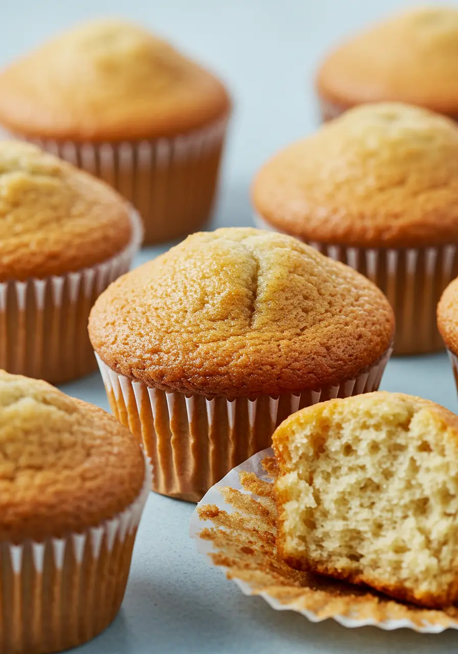 Banana bread muffins on a light blue surface.