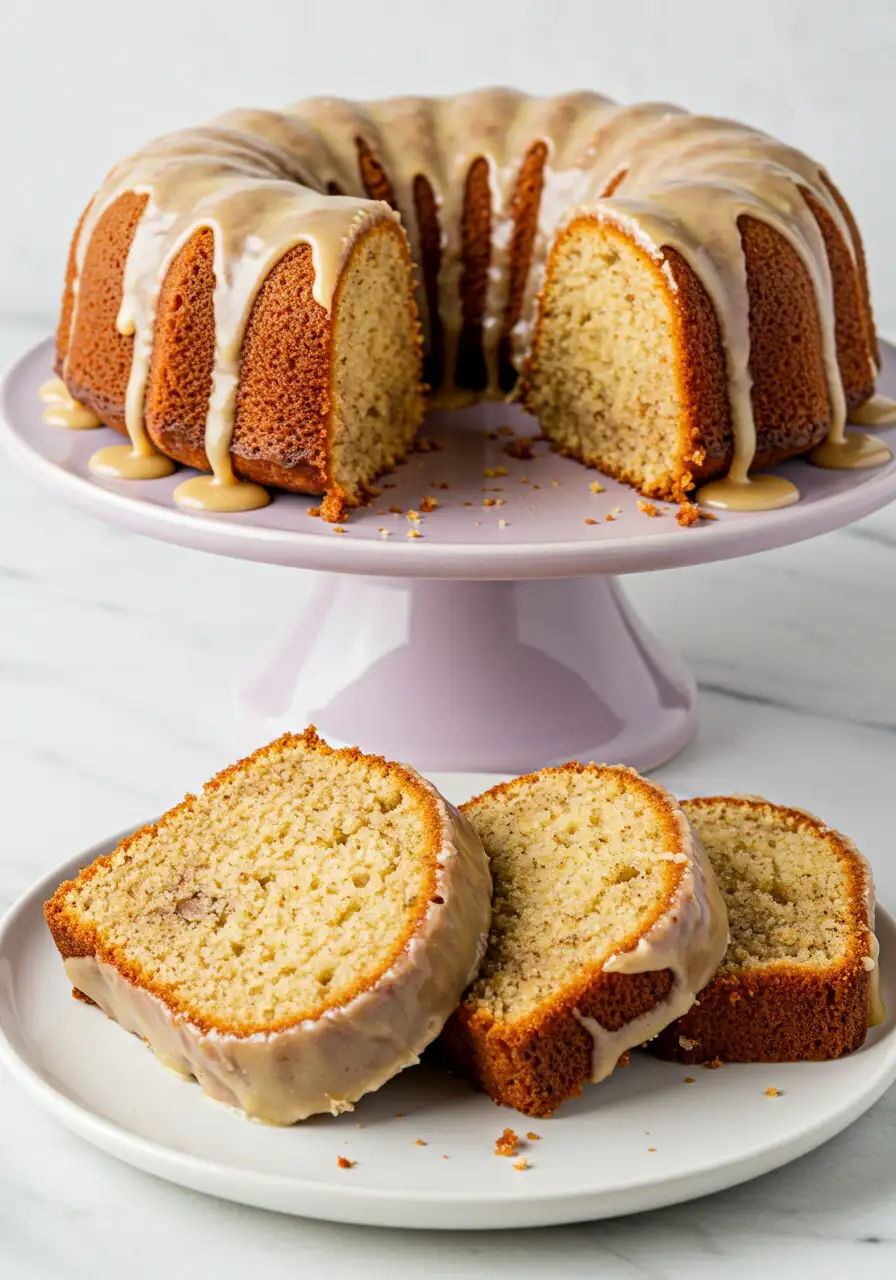 Banana bundt cake on a light purple cake stand and some slices of it on a white plate.
