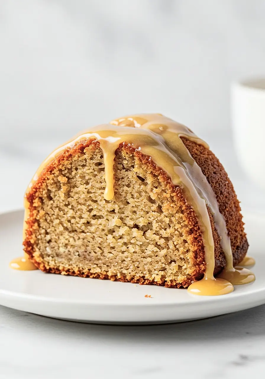A slice of banana bundt cake with brown sugar glaze on top of it.