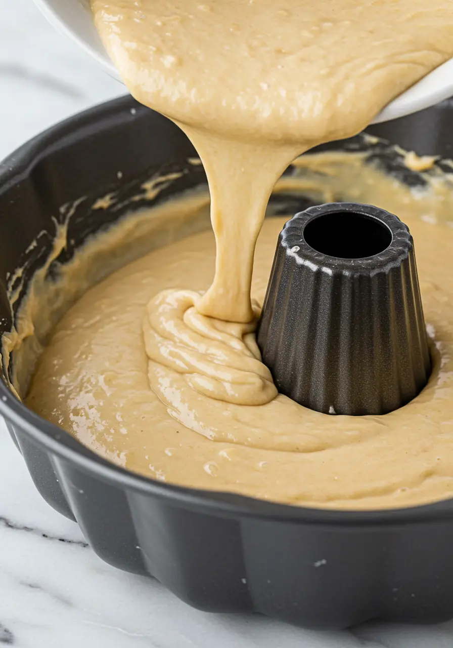 Banana bundt cake batter in bundt pan.