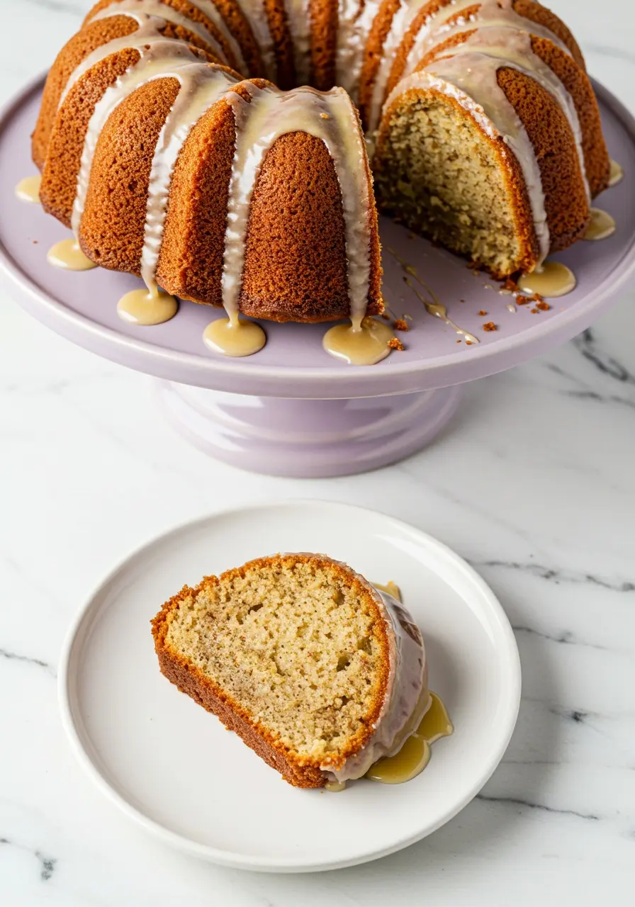 Banana bundt cake on a light purple cake stand and a slice of it on a white plate next to it.