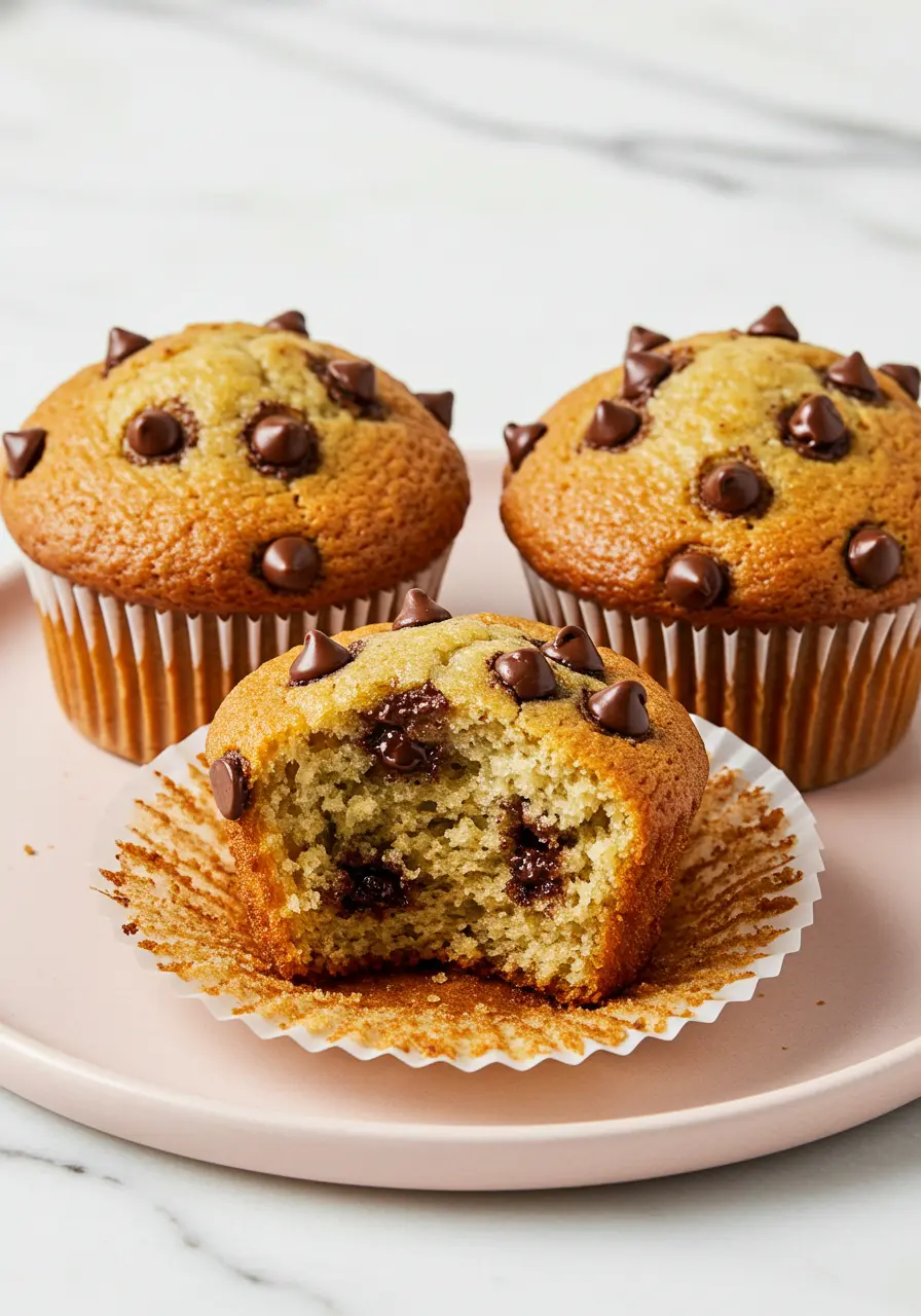 Banana chocolate chip muffins on a light pink plate with one muffin having a bite taken out of it.