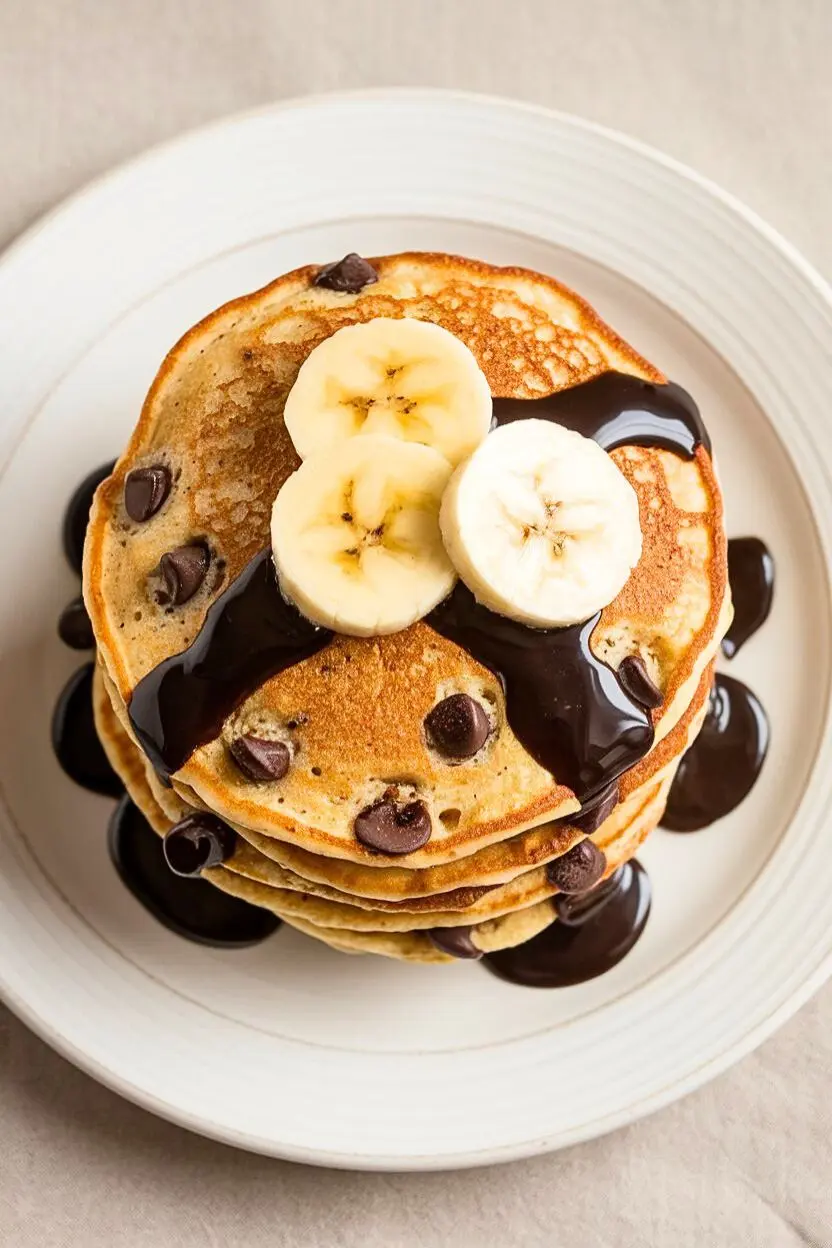 Banana Chocolate Chip Pancakes on a white plate drizzled with chocolate syrup.