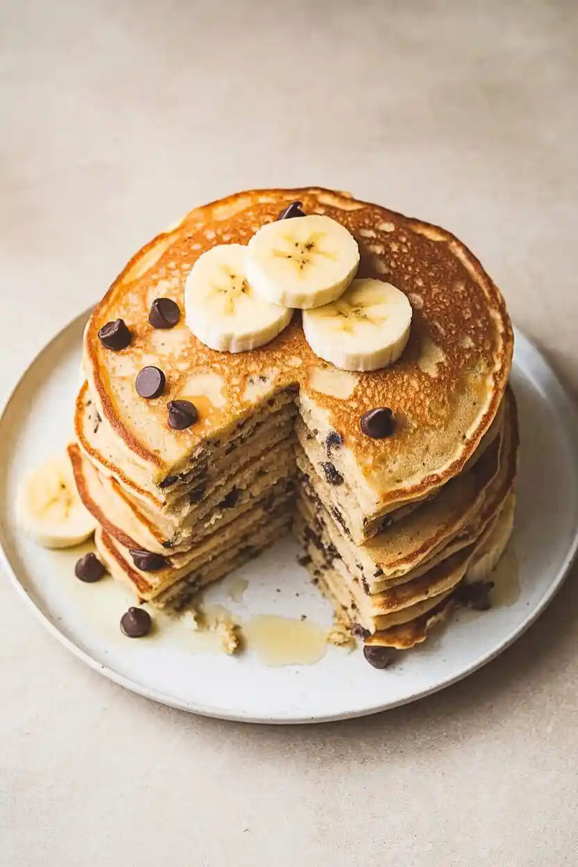 Banana Chocolate Chip Pancakes on a white plate topped with fresh banana slices