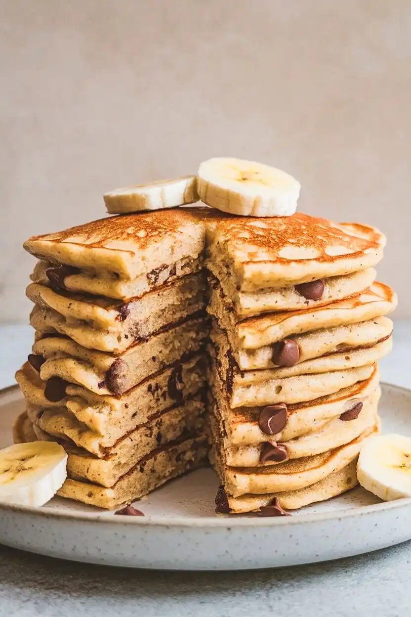 Banana Chocolate Chip Pancakes on a white plate