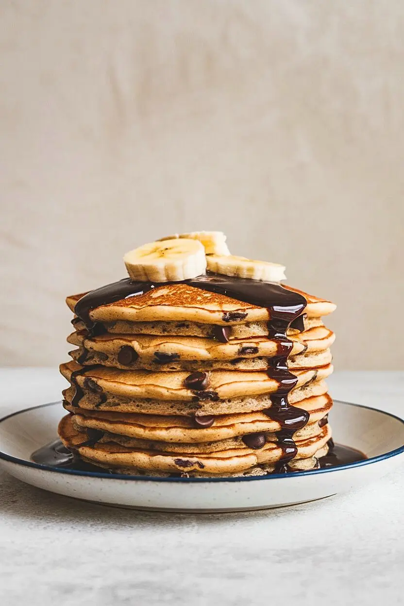 Banana Chocolate Chip Pancakes on a white plate topped with chocolate syrup and banana slices.