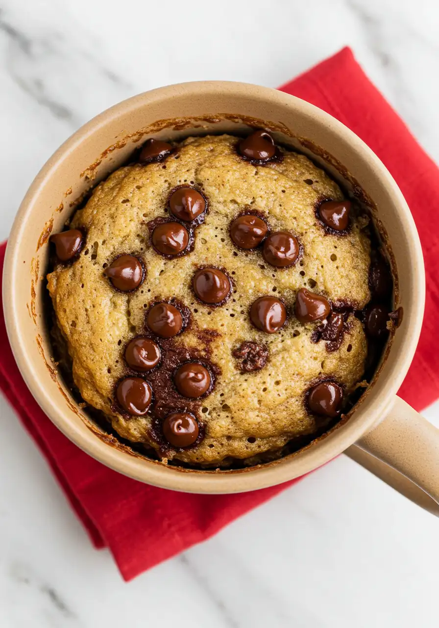 Banana mug cake placed against a white marble surface, and a red napkin under the mug.