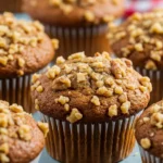 Banana nut muffins on a light blue surface.