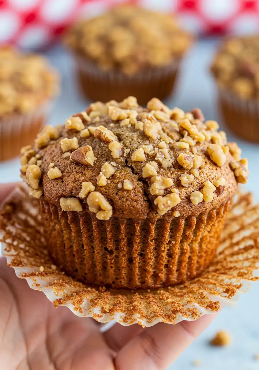 A hand holding a Banana Nut Muffin.