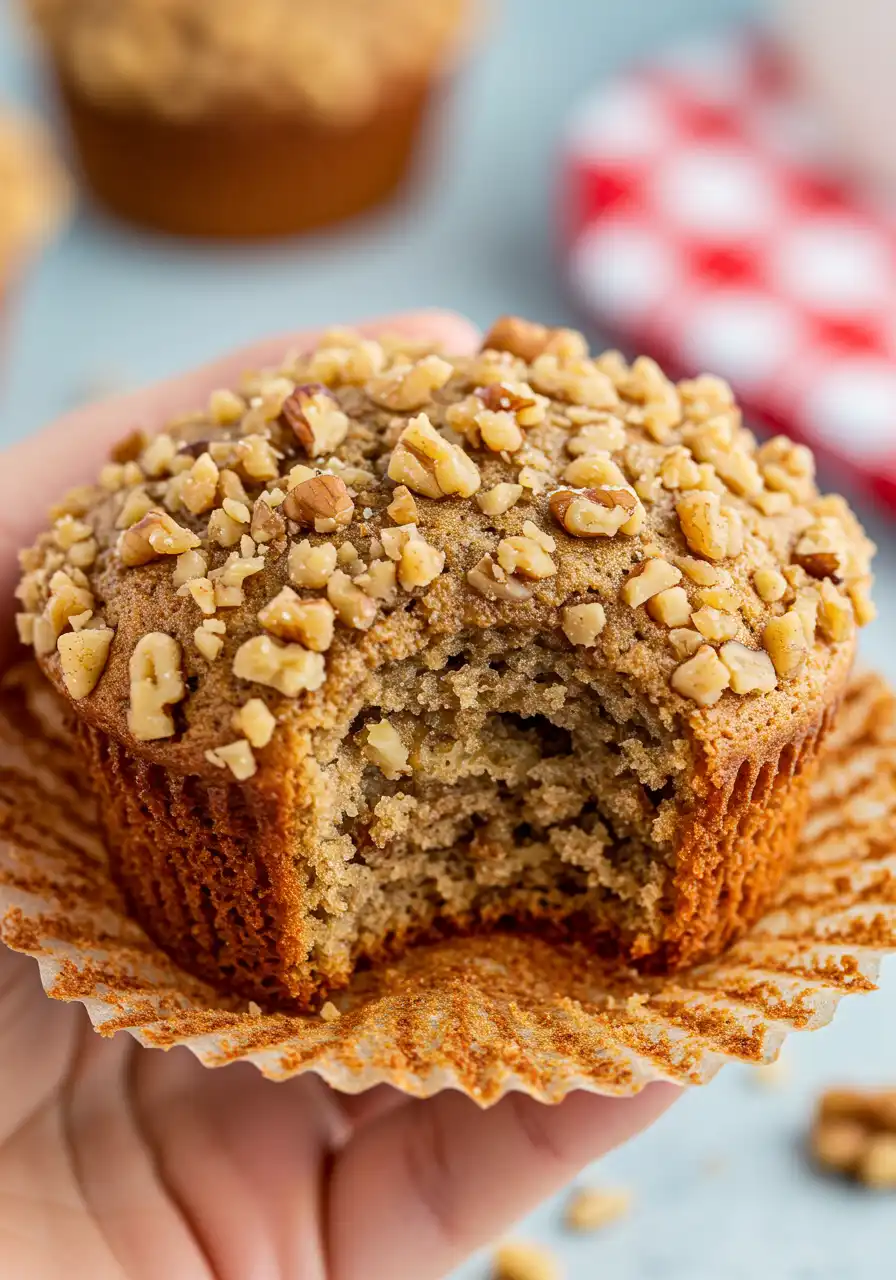 A hand holding a Banana Nut Muffin with a bite taken out of it.
