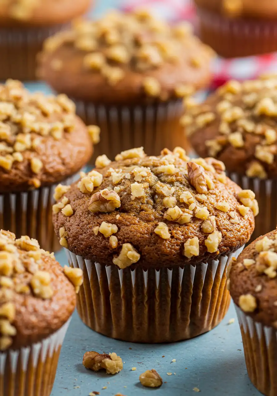 Banana nut muffins on a light blue surface.