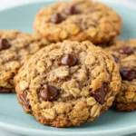 Banana oatmeal cookies on a light blue plate against a white marble surface.
