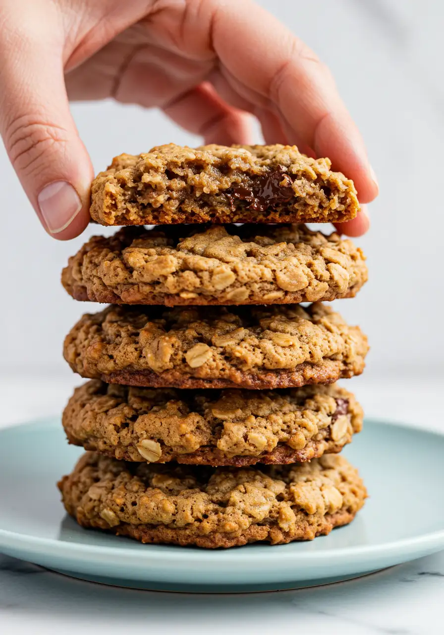 Stack of banana oatmeal cookies on a light blue plate with a hand reaching for the first one.