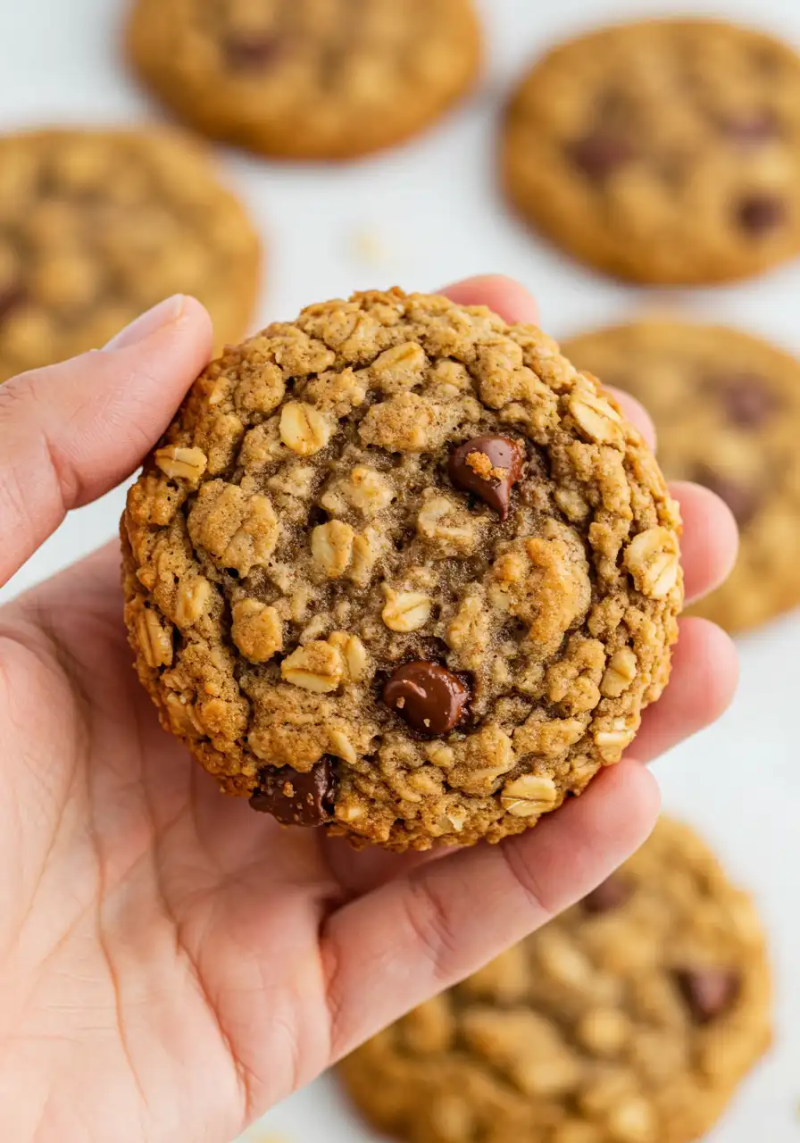 A hand is holding a single banana oatmeal cookie.