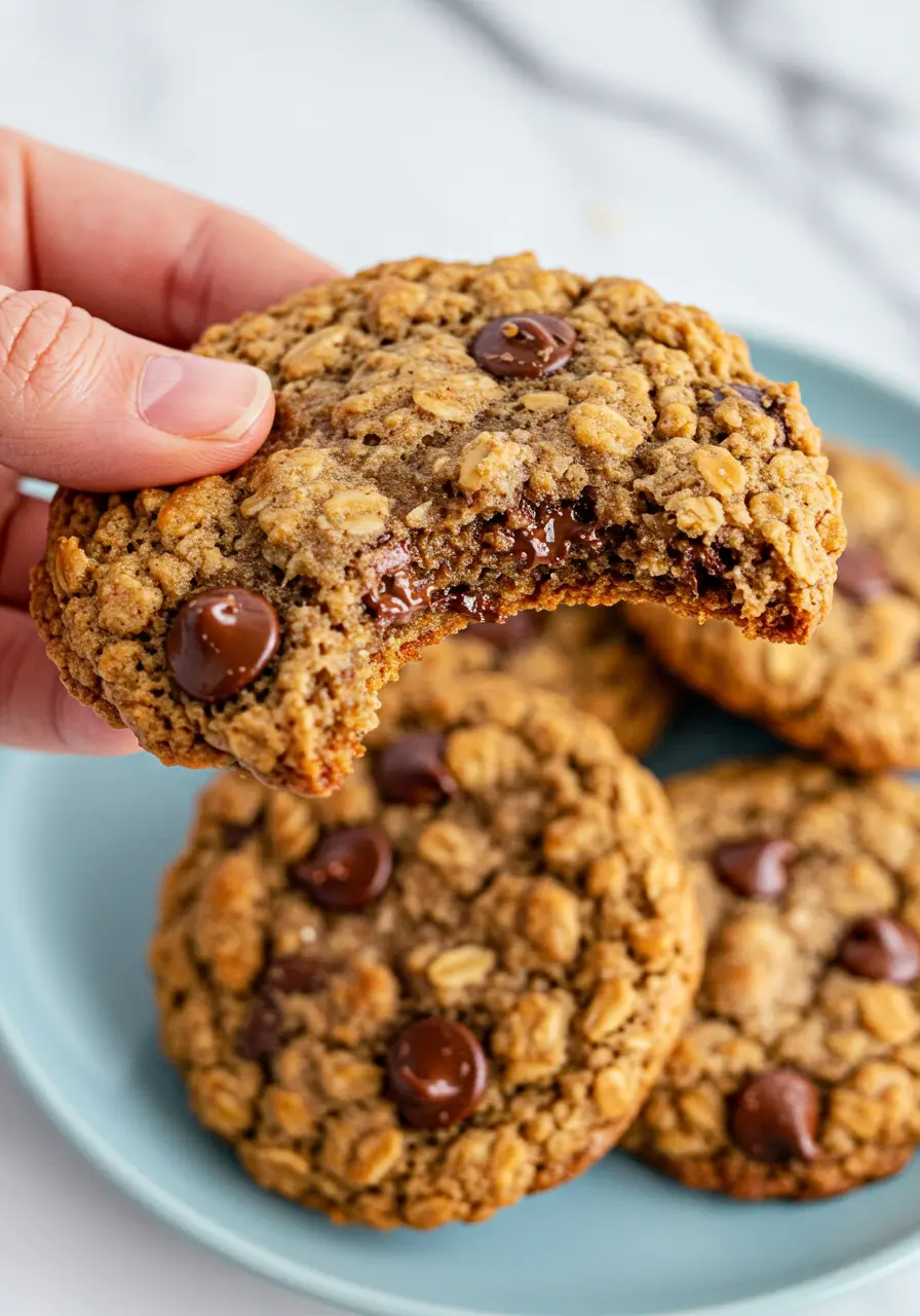 A hand is holding a single banana oatmeal cookie with a bite taken out of it.