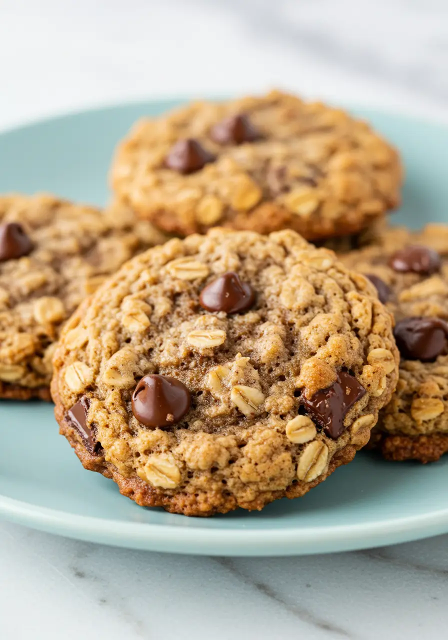 Banana oatmeal cookies on a light blue plate against a white marble surface.
