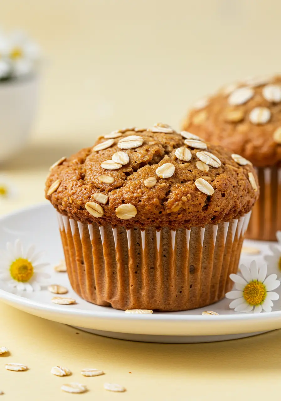 Banana oatmeal muffin on a white plate and some marguerites are scattered around the plate.