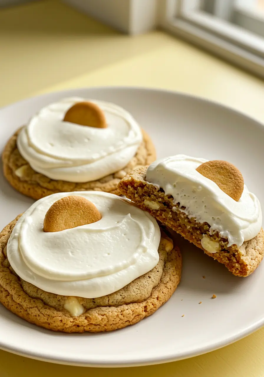 Banana pudding cookies on a white plate with one cookie split in half.