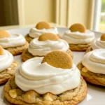 Banana pudding cookies on a white plate against a light-yellow surface.