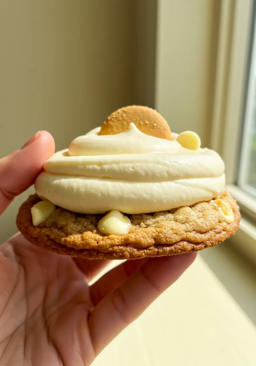 A hand holding one banana pudding cookie.