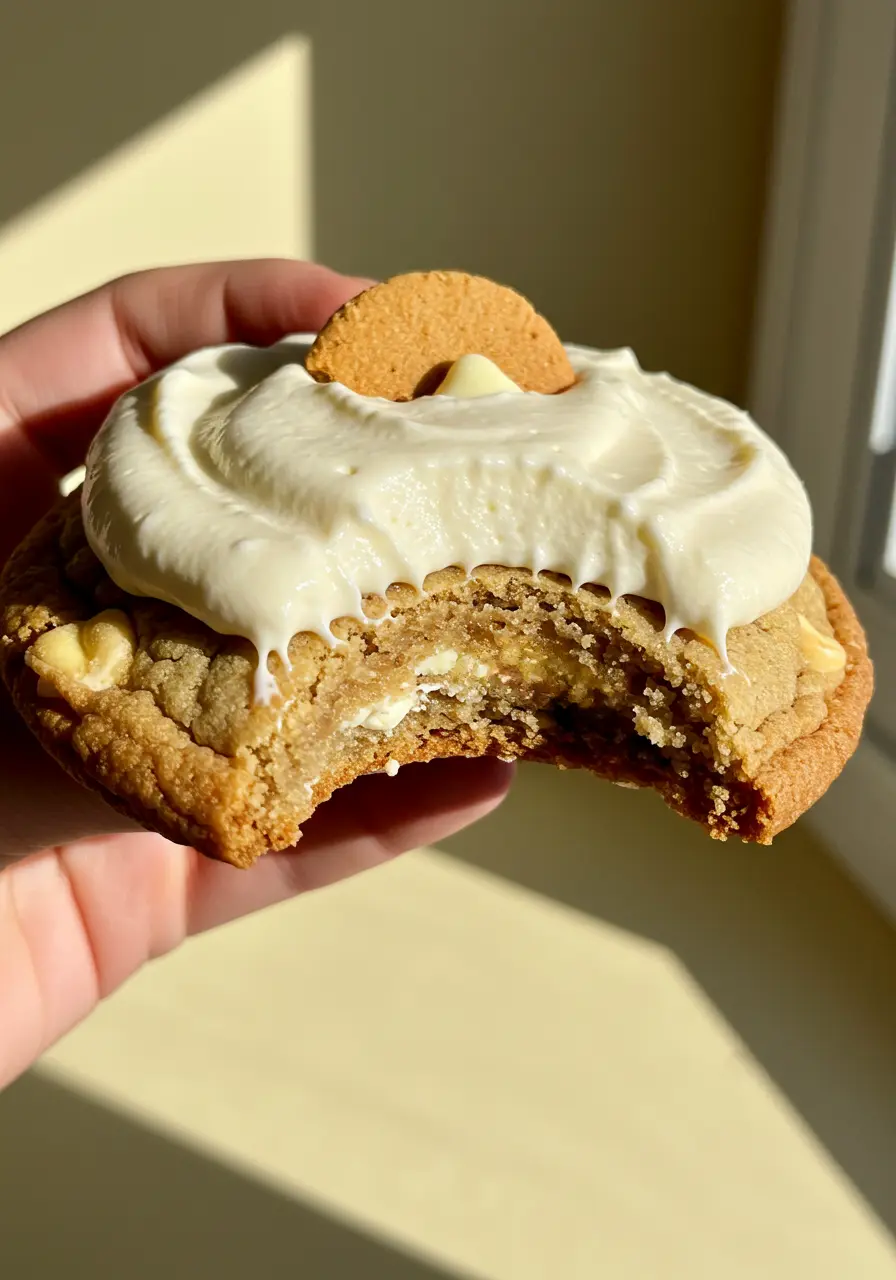 A hand holding one banana pudding cookie with a bite taken out of it.