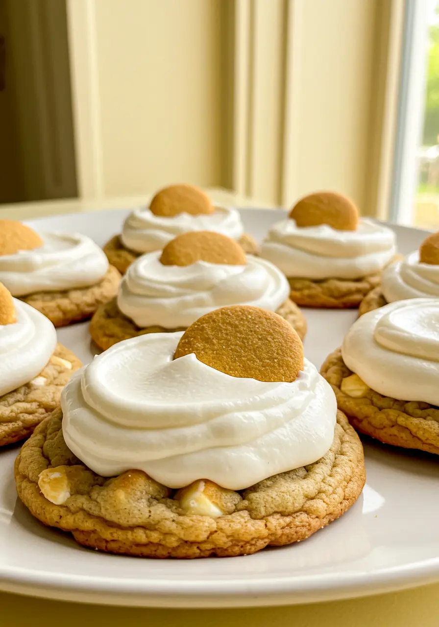 Banana pudding cookies on a white plate against a light-yellow surface.