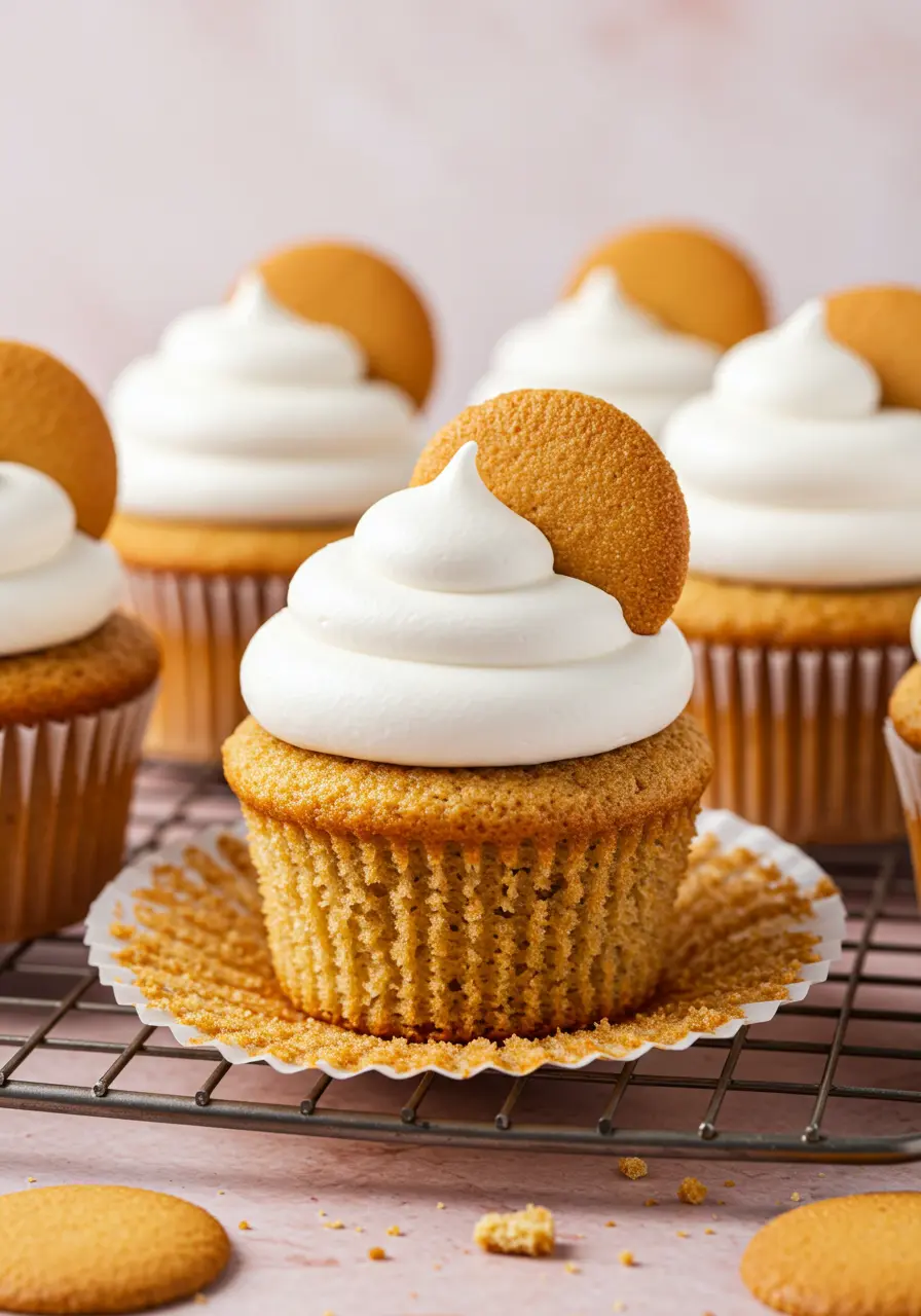 Banana pudding cupcakes placed on a cooling rack against a light pink surface.