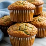 Banana zucchini muffins placed on a white marble surface, and a blue napkin around them.