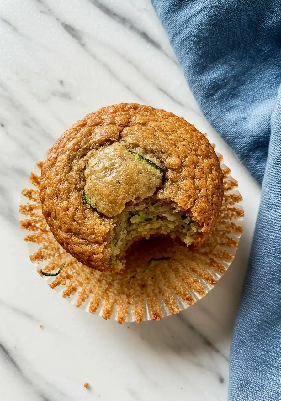 Single banana zucchini muffin on a white marble surface with a bite taken out of it.
