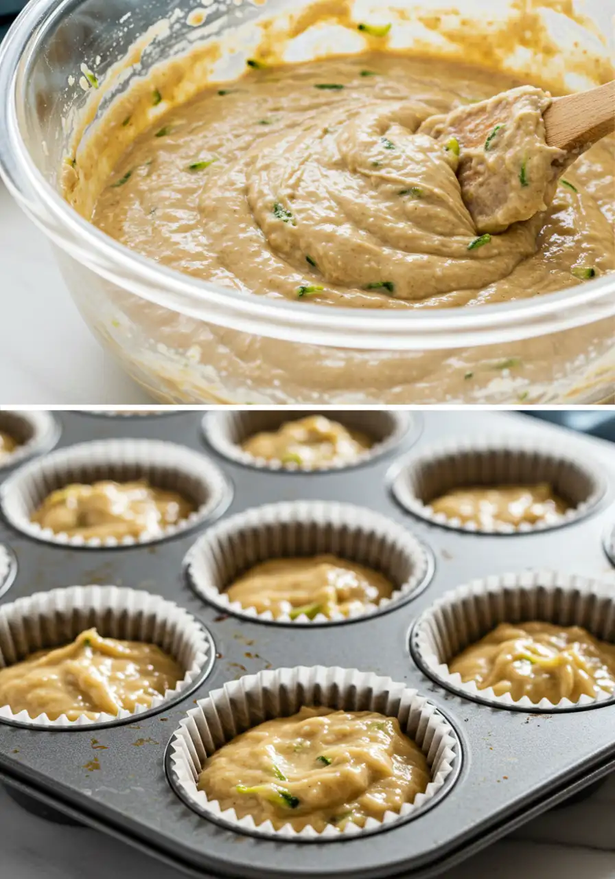 Banana zucchini muffins batter in a glass bowl, and in a muffin tin.