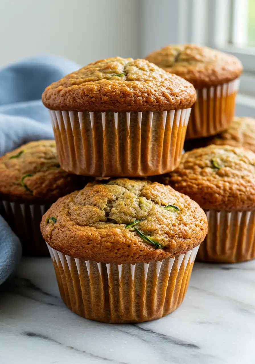 Banana zucchini muffins placed on a white marble surface, and a blue napkin around them.