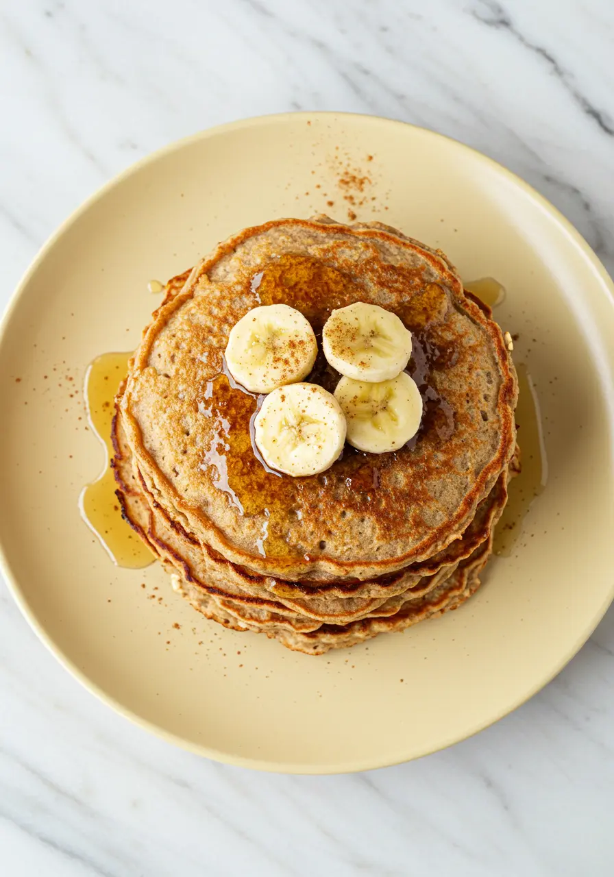 Banana oatmeal pancakes on a light-yellow plate against a white marble surface.