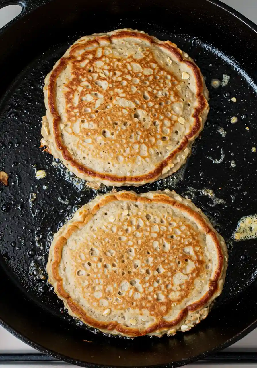 Two banana oatmeal pancakes are cooking in the skillet.