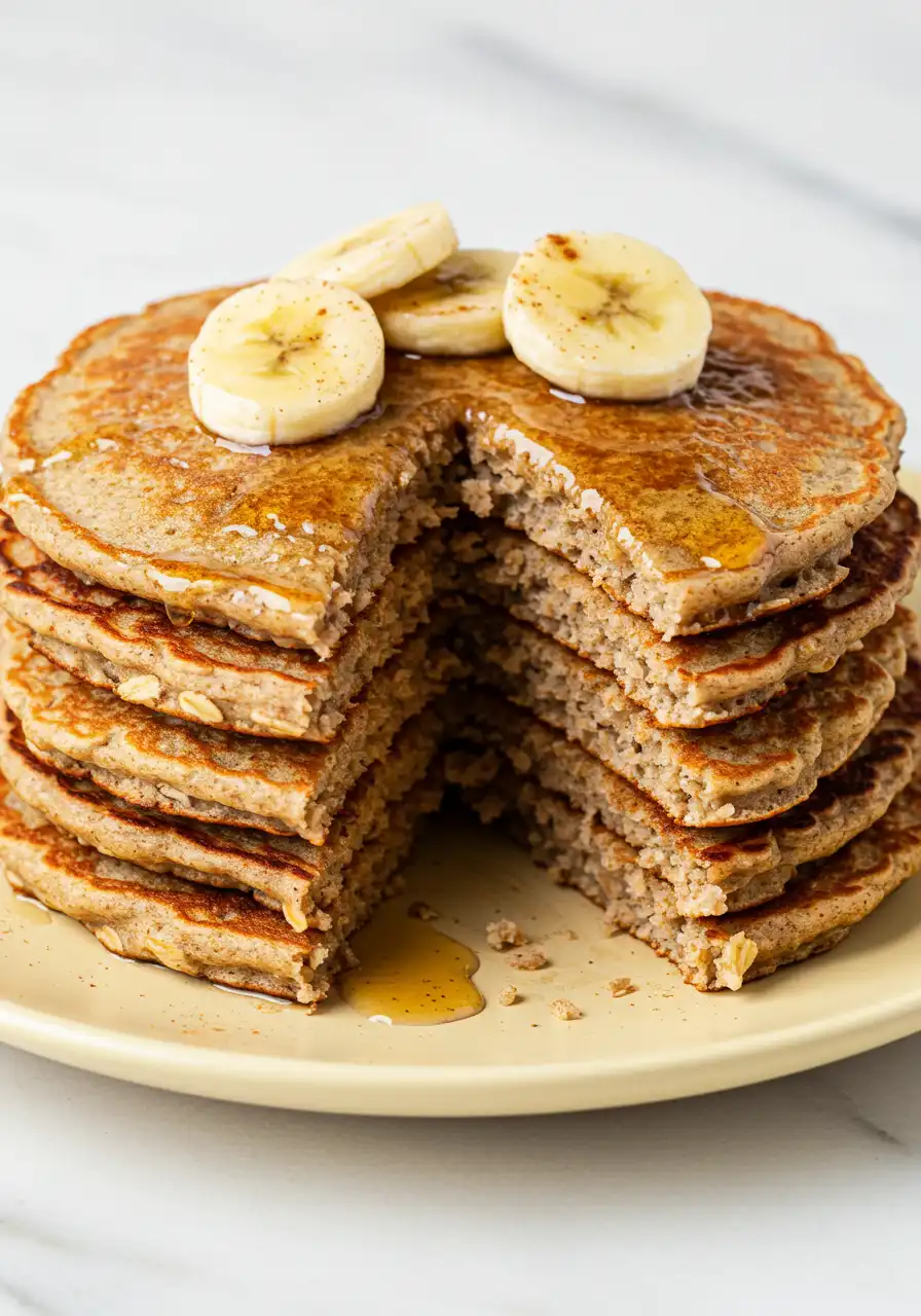 Banana oatmeal pancakes on a light-yellow plate with a serving missing and topped with banana slices and some honey.