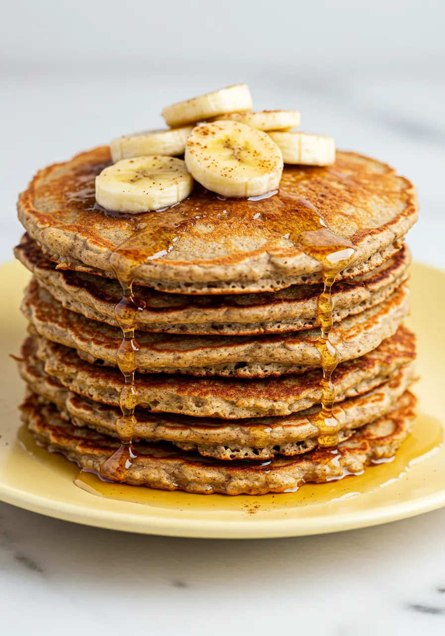 Banana oatmeal pancakes on a light-yellow plate topped with banana slices and some honey.