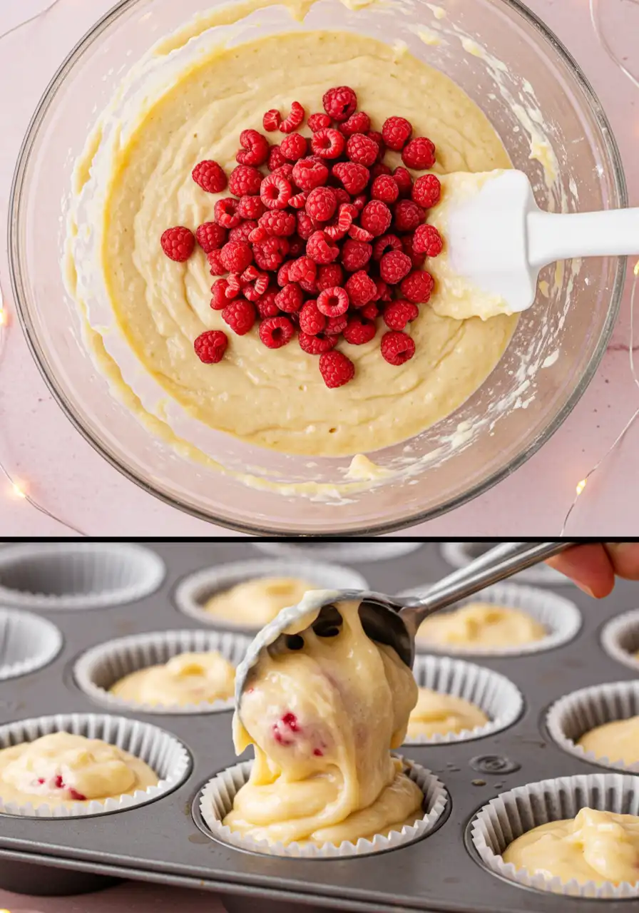 The batter of raspberry muffins in a bowl, and a hand scoops it into the muffin tin.