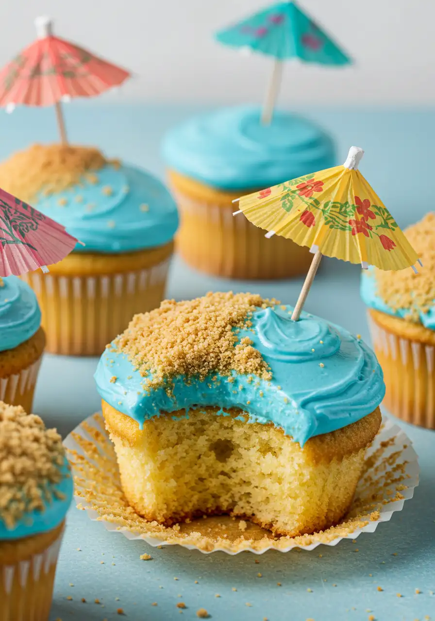 Beach cupcakes placed on a light blue surface with one of them having a bite taken out of it.