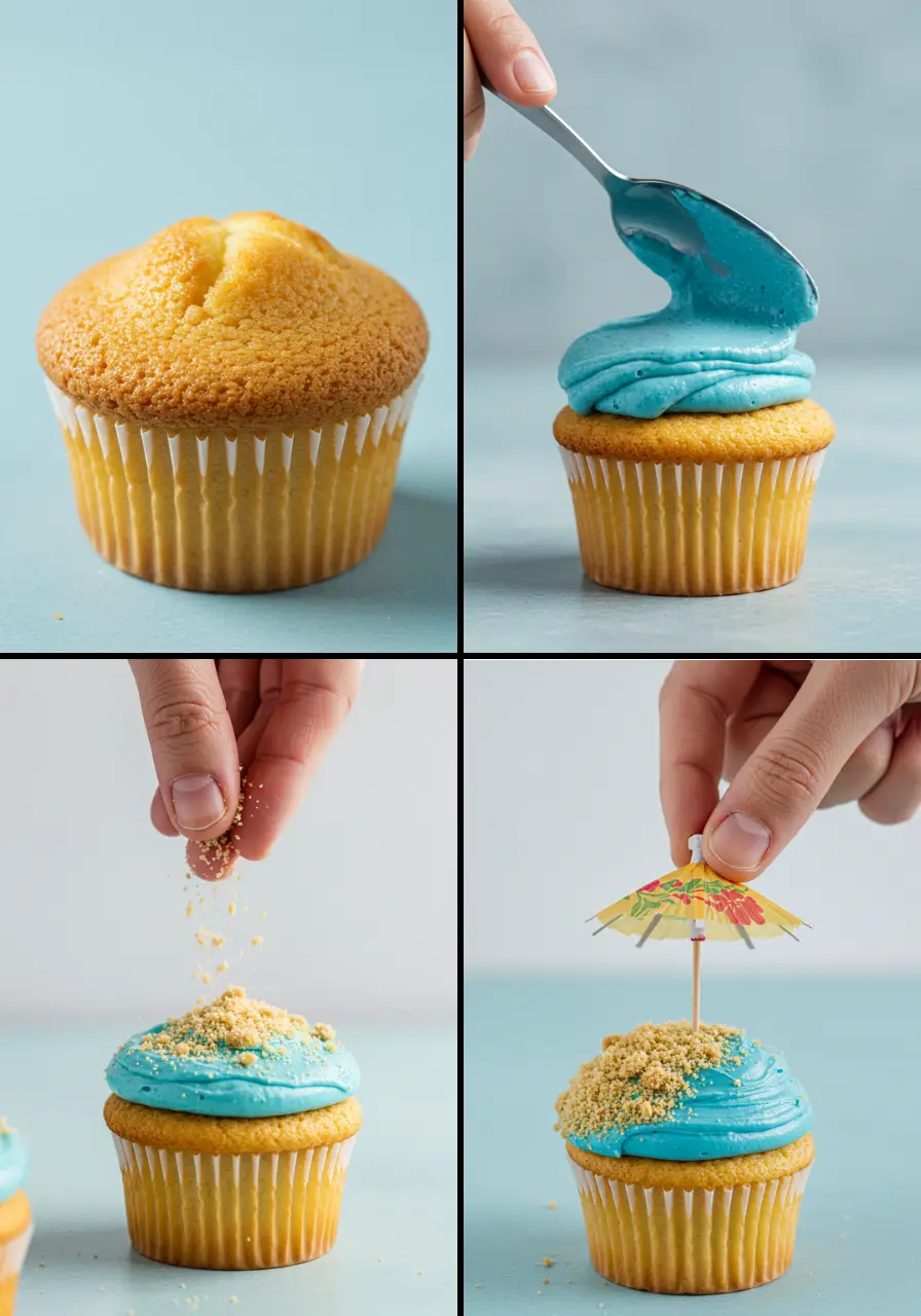 The steps to making beach cupcakes.