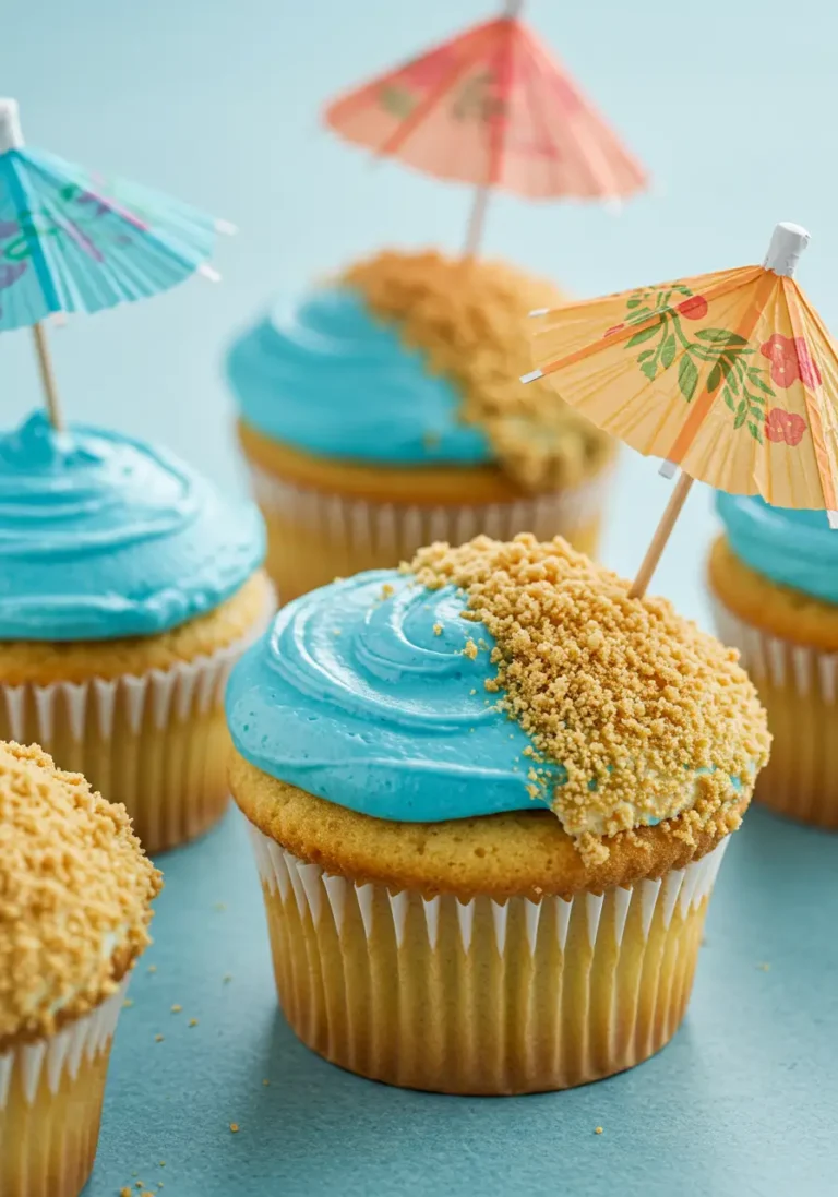 Beach cupcakes placed on a light blue surface.