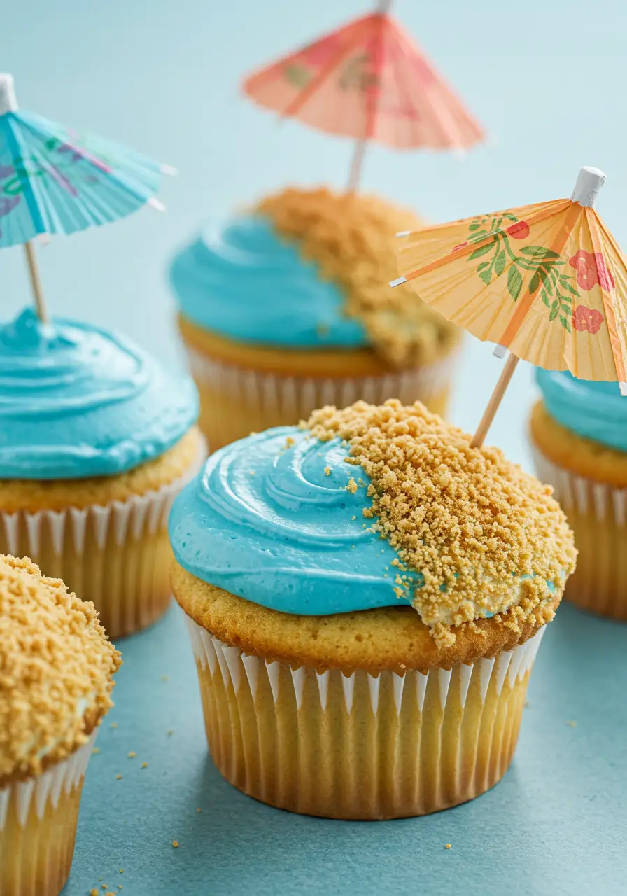 Beach cupcakes placed on a light blue surface.