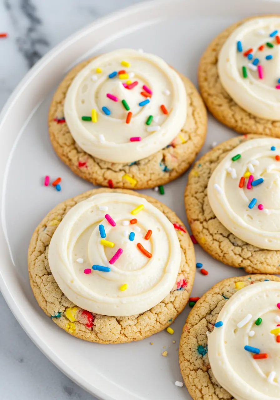 Birthday cake cookies placed on a white plate.