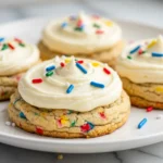 Birthday cake cookies placed on a white plate against a white marble surface.