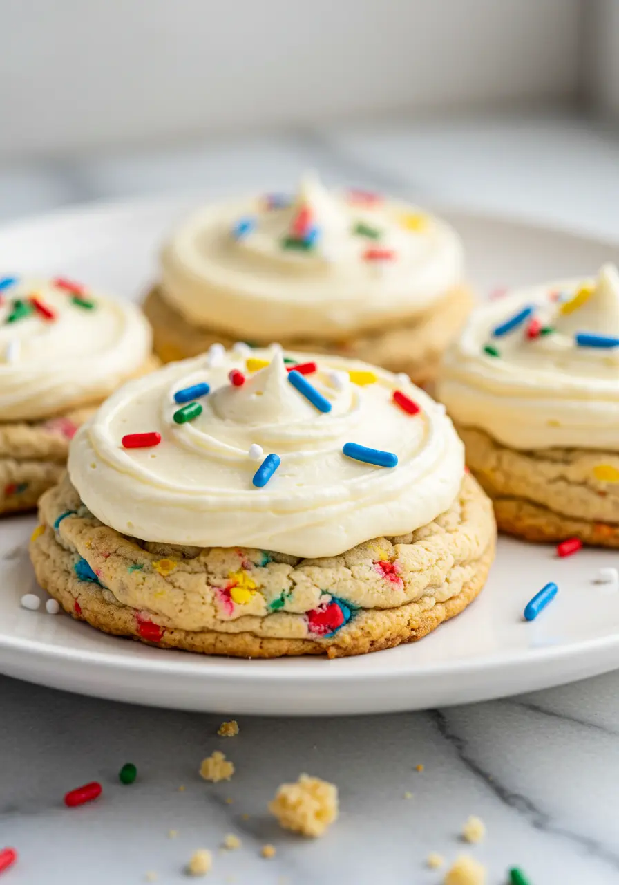 Birthday cake cookies placed on a white plate against a white marble surface.
