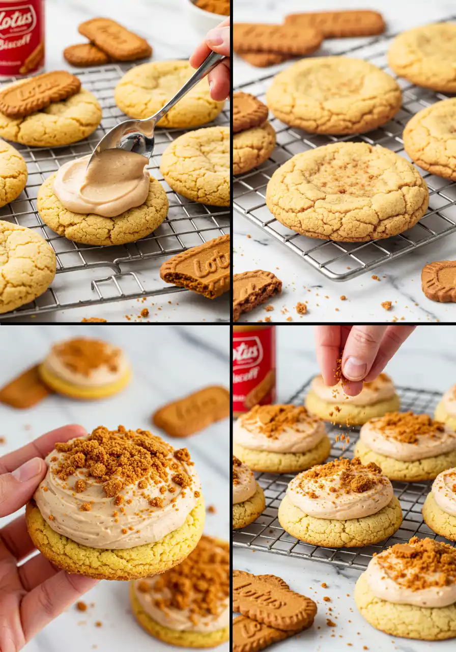 Biscoff cookies on a cooling rack and a hand spread the frosting and add the crumbs.