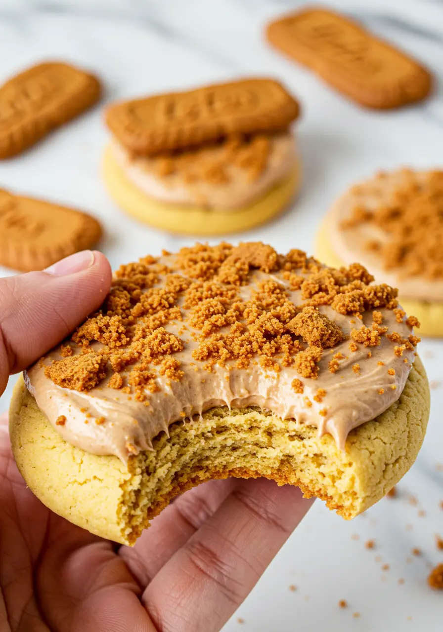 A hand holding a Biscoff cookie with a bite taken out of it.