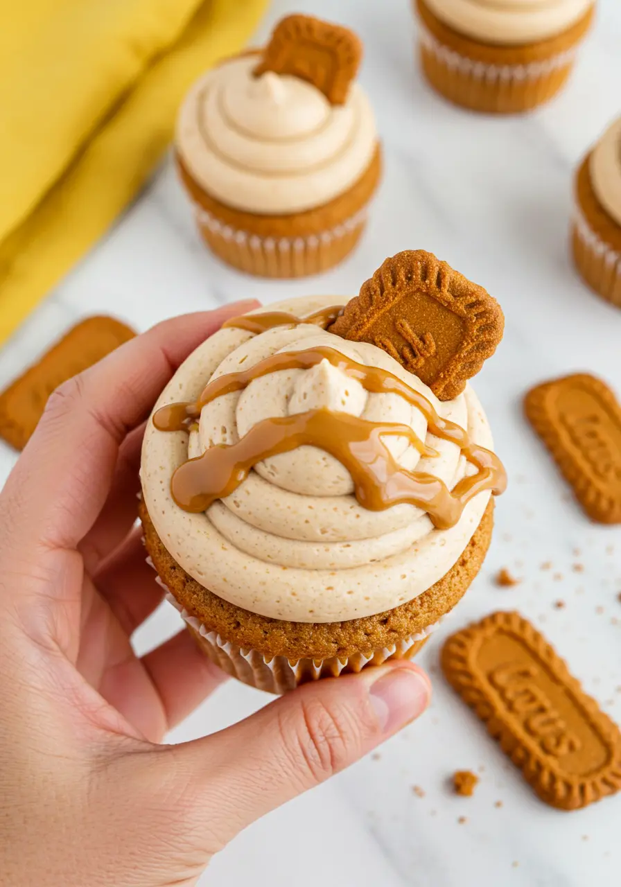 A hand holding a Biscoff cupcake.