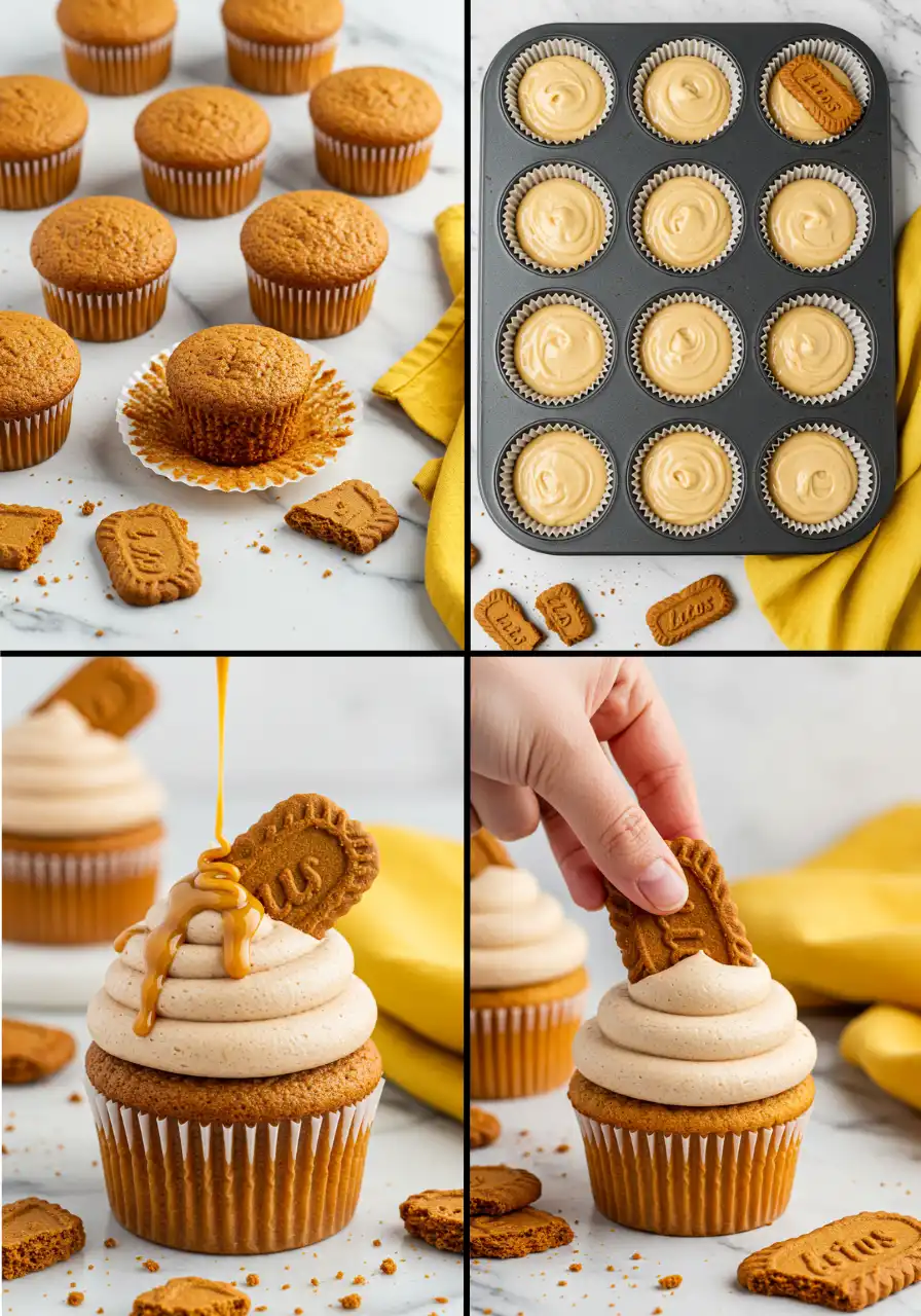 The steps of making Biscoff cupcakes.