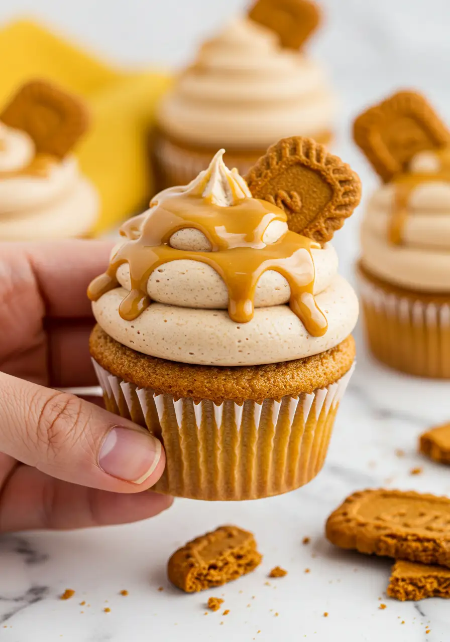A hand holding a Biscoff cupcake, and the other cupcakes are in the background.