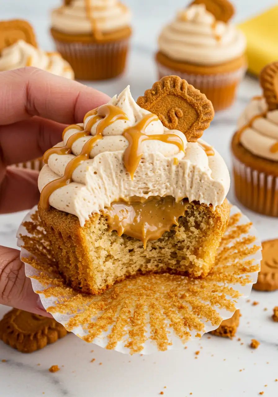 A hand holding a Biscoff cupcake with a bite taken out of it revealing the Biscoff butter filling inside.
